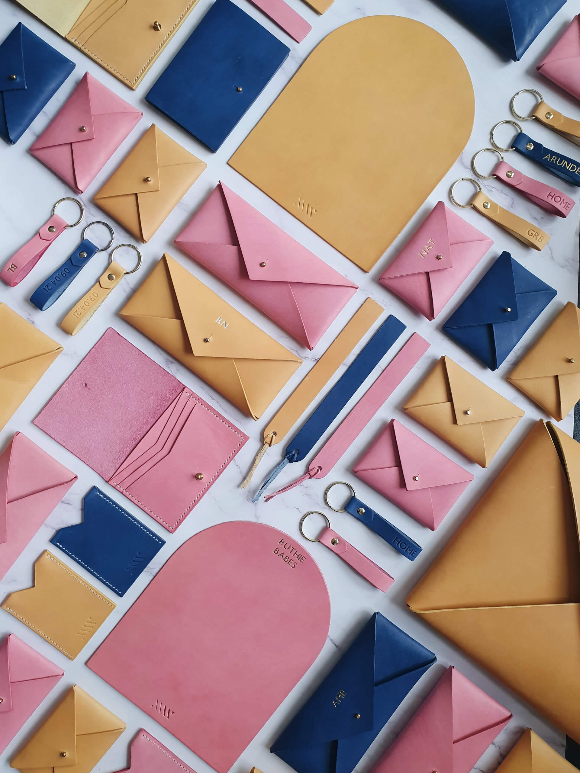 Colourful leather purses inside the studio of Michelle Wong handcrafted leather goods