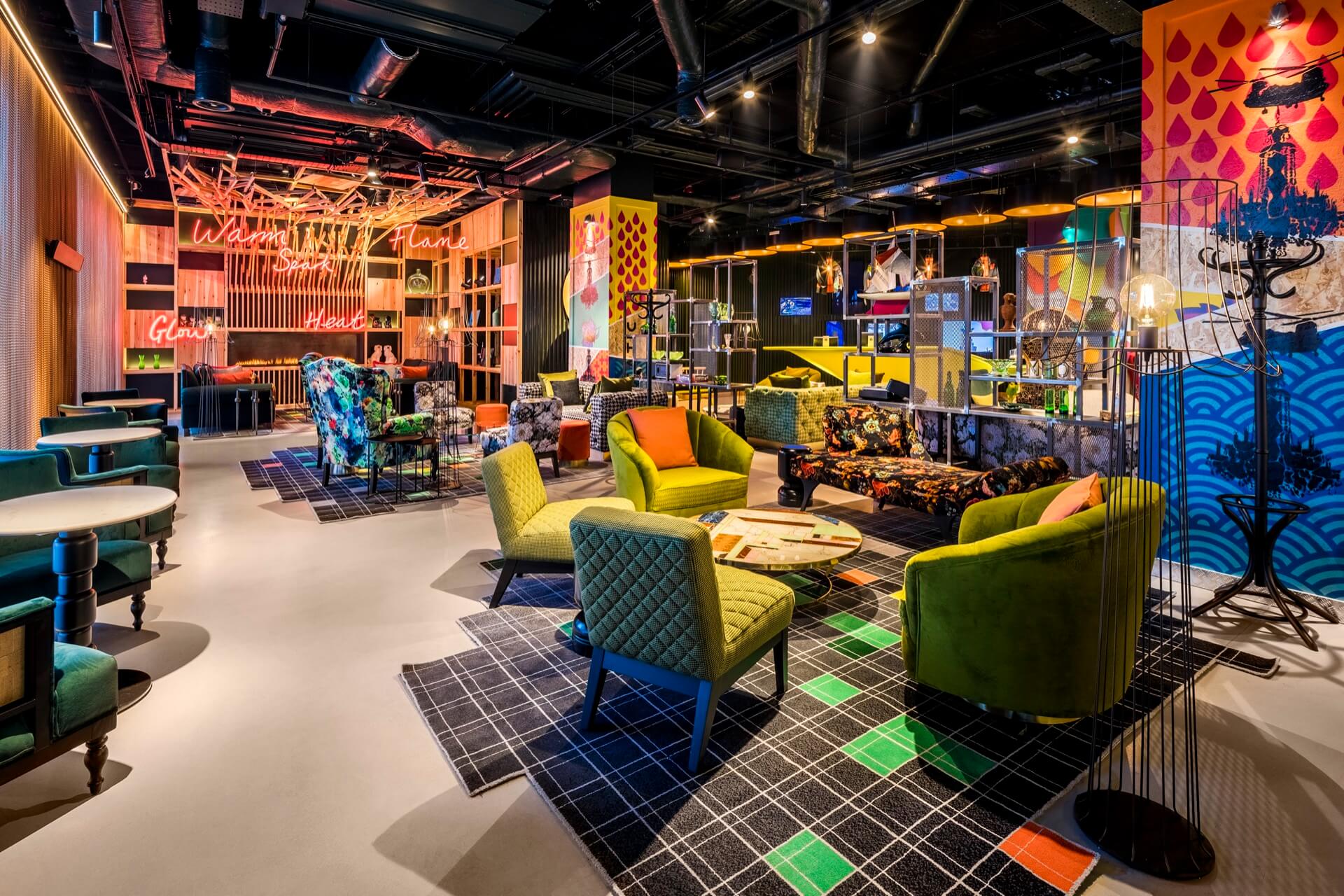 the bold, colourful interior of London's nHow Hotel, a great place for co-working for free